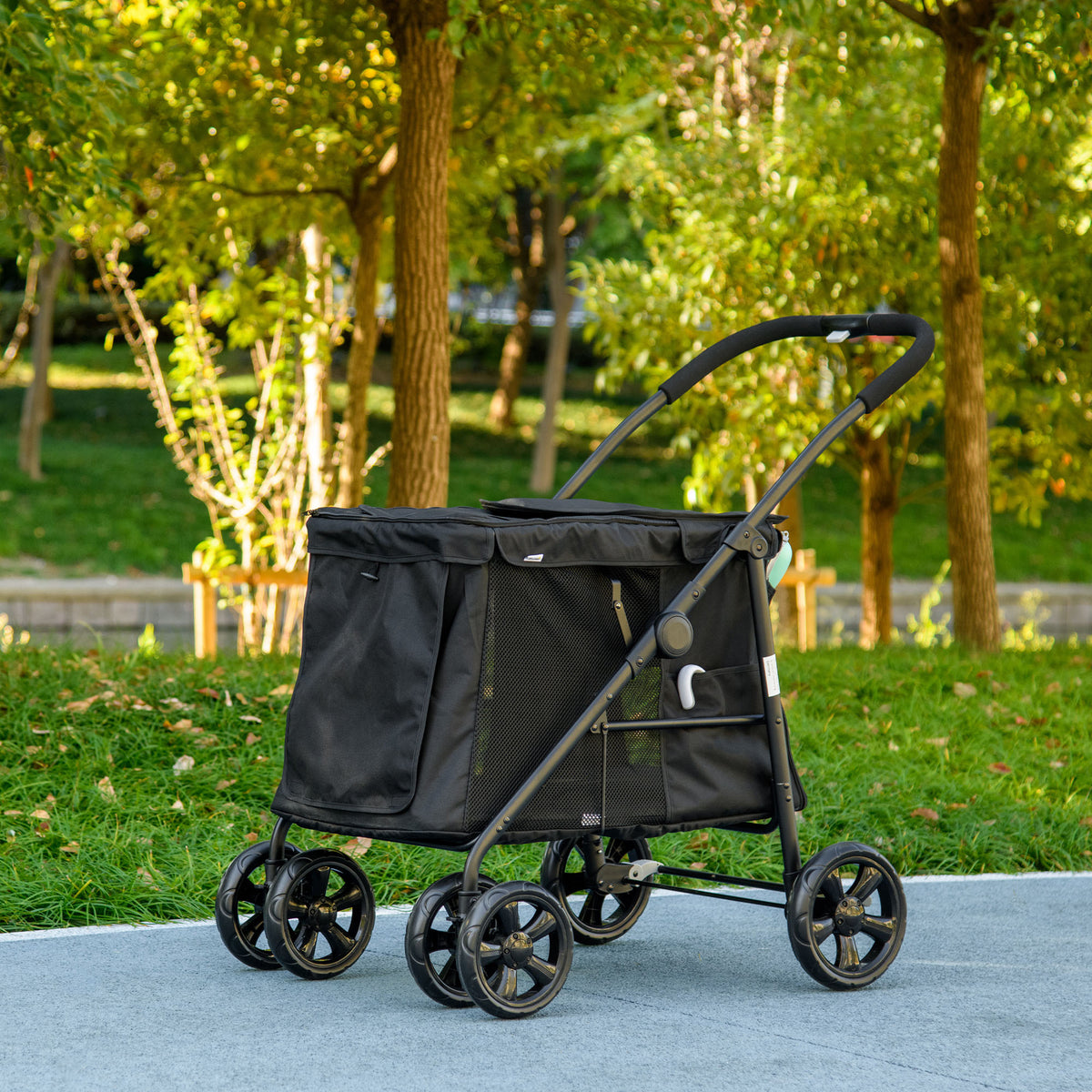 Hundetrolley inkl. Kissen, 3 Seitentaschen, klappbar, Hundewagen, 102 cm x 62 cm x 105 cm, Schwarz