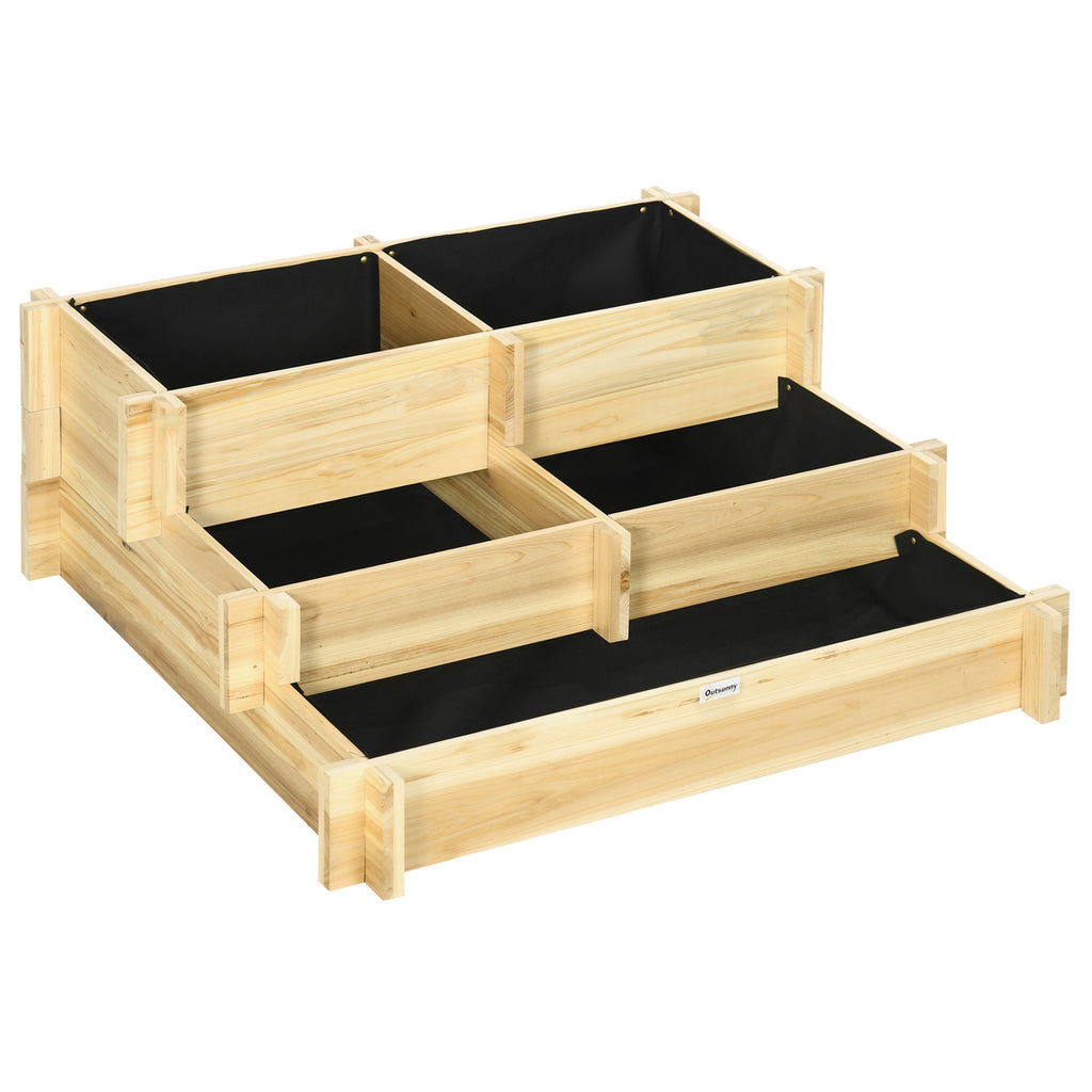 Hochbeet, Blumenkasten, 3-stufig, Drainage?ffnung, Stoffauskleidung, Naturholz, 93 x 93 x 35 cm