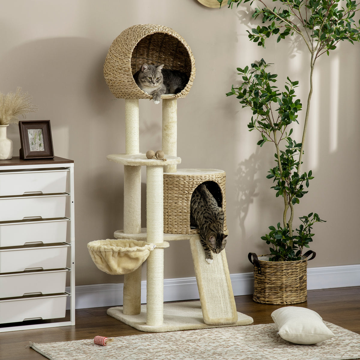 Kratzbaum, mit Katzenhaus, mehrere Plattformen, Hängematte, Kratzmatte, Kippschutz, beige, 60 x 60 x 150cm
