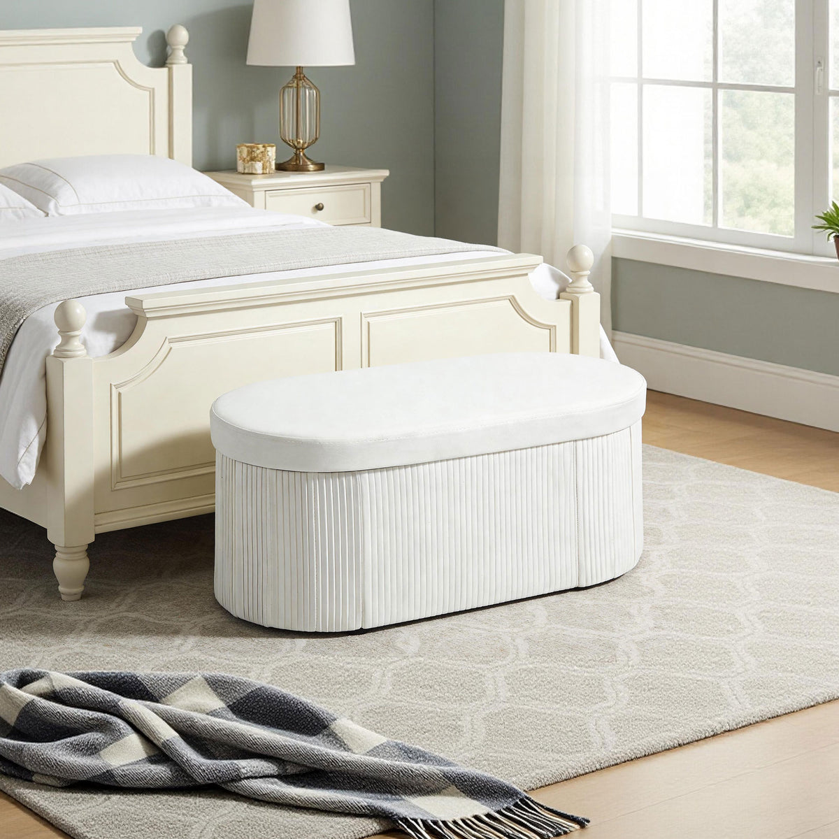 Sitzbank mit Stauraum Klappbar Polsterbank mit Samt-Optik für Wohnzimmer 76 x 38 x 35 cm Creme