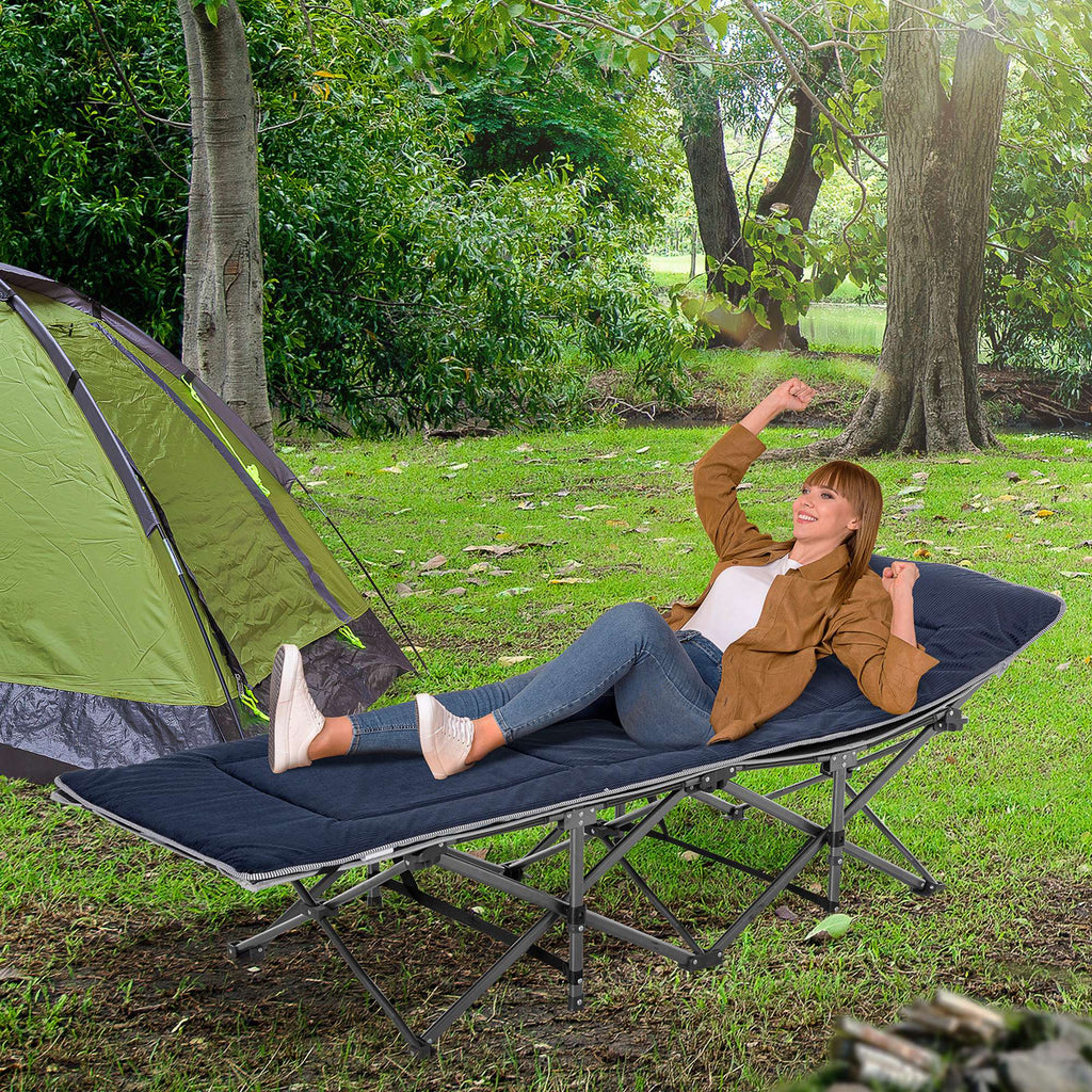 Campingbett, klappbares Feldbett mit Kopfkissen, 188 x 64,5 x 53 cm, Dunkelblau+Grau
