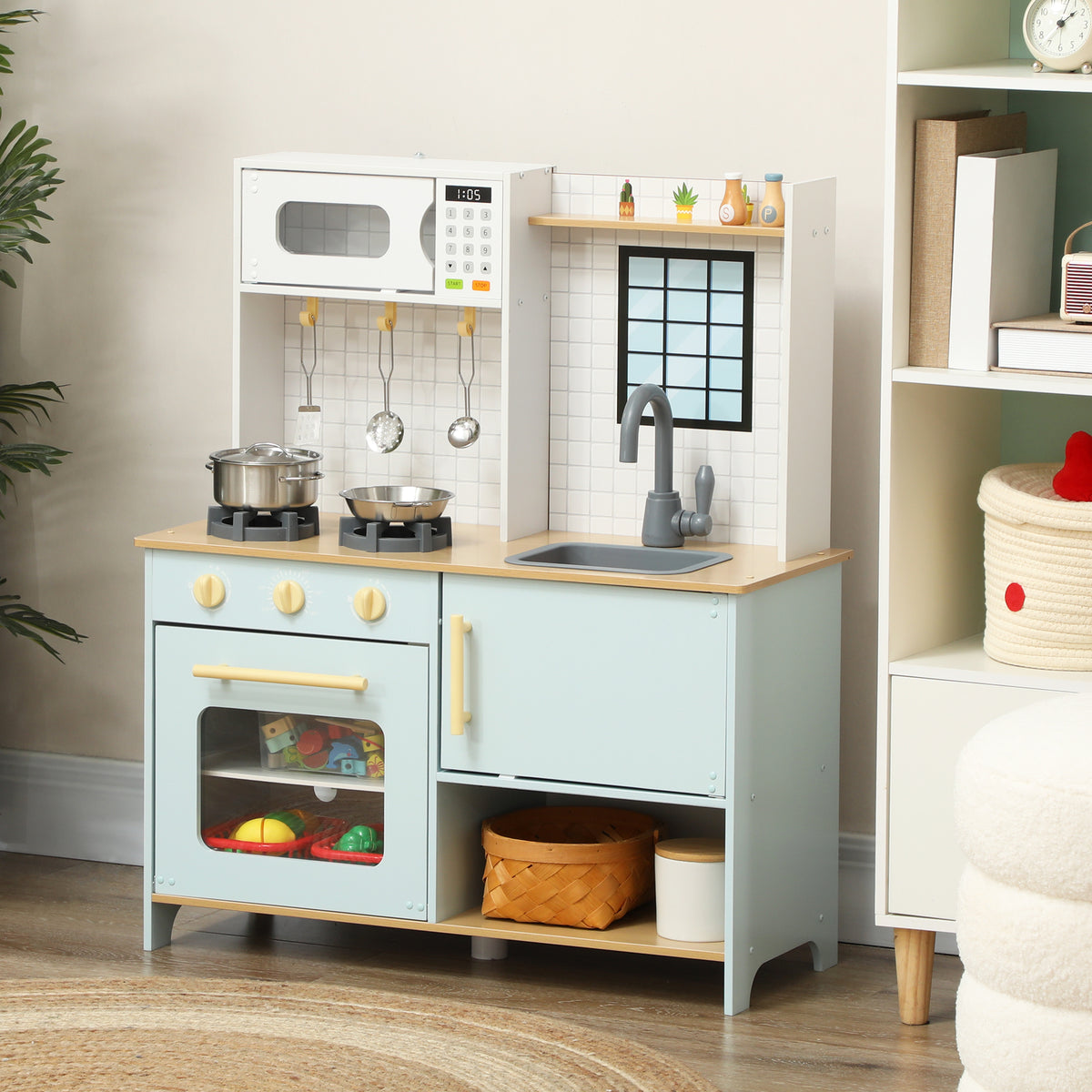 Pretend Play Kitchen, Kids Kitchen Playset with Light & Sound Stove, Turning Knobs, Cooking Accessories