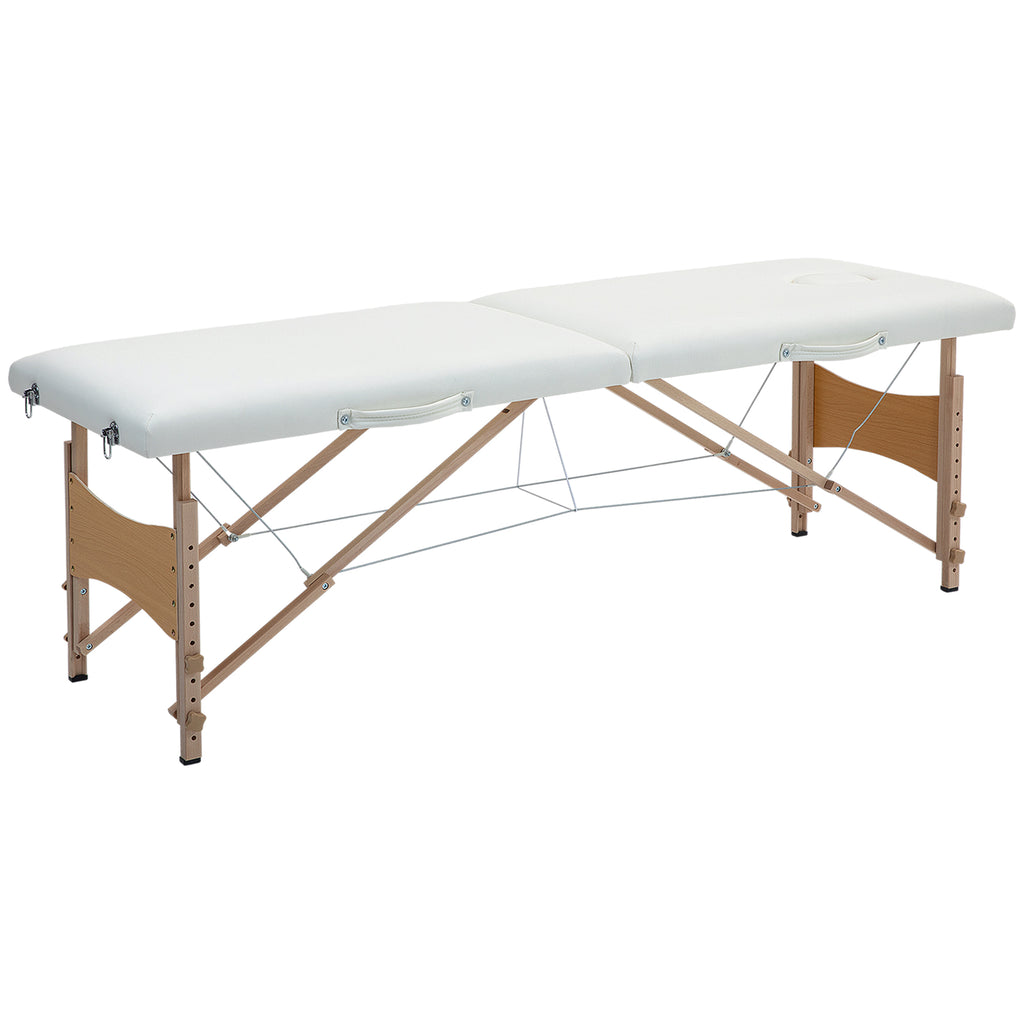 Mobile Massageliege 2 Zonen Klappbar Höhenverstellbar Massagetisch 60 cm Breit mit Tragetasche Holzfüßen Cremeweiß