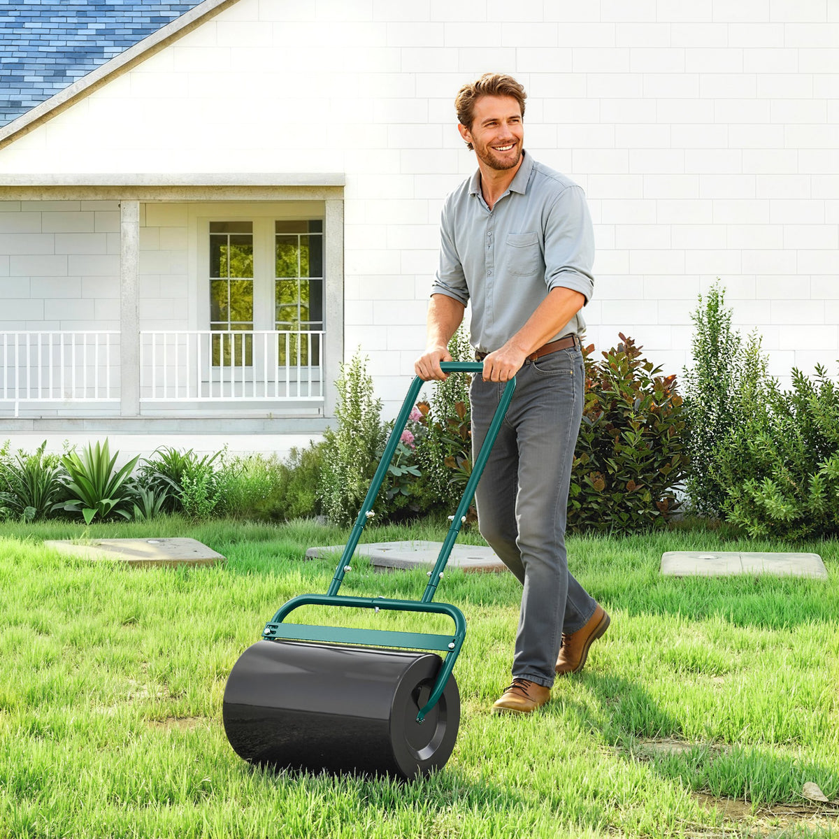 38L Fillable Cylinder Steel Lawn Roller - Dark Green