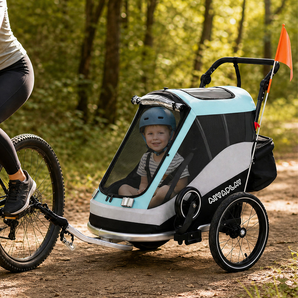 2 in 1 Fahrradanhänger & Buggy Faltbar Kinderfahrradanhänger mit 5-Punkt Gurt Reflektoren 16-Zoll-Luftreifen Bremse