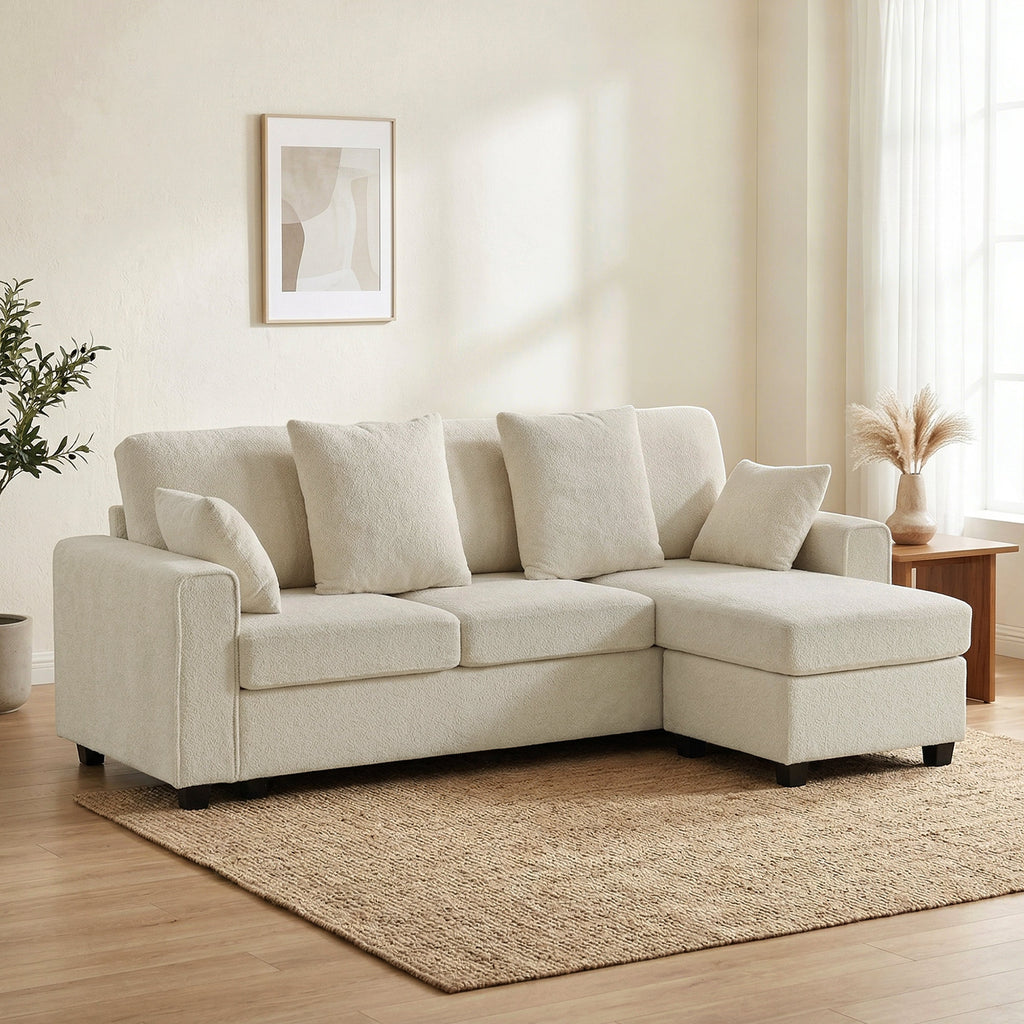 Ecksofa mit umkehrbarer Chaiselongue, 3-Sitzer Sofa mit Samtoptik, breite und tiefe Sitzfläche, Federkissen, Beige