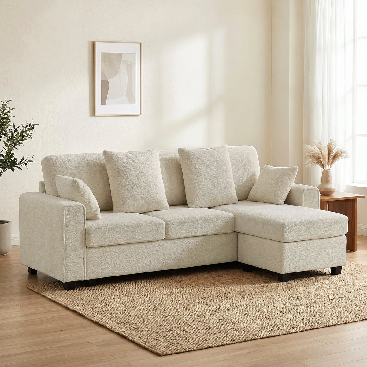 Ecksofa mit umkehrbarer Chaiselongue, 3-Sitzer Sofa mit Samtoptik, breite und tiefe Sitzfläche, Federkissen, Beige