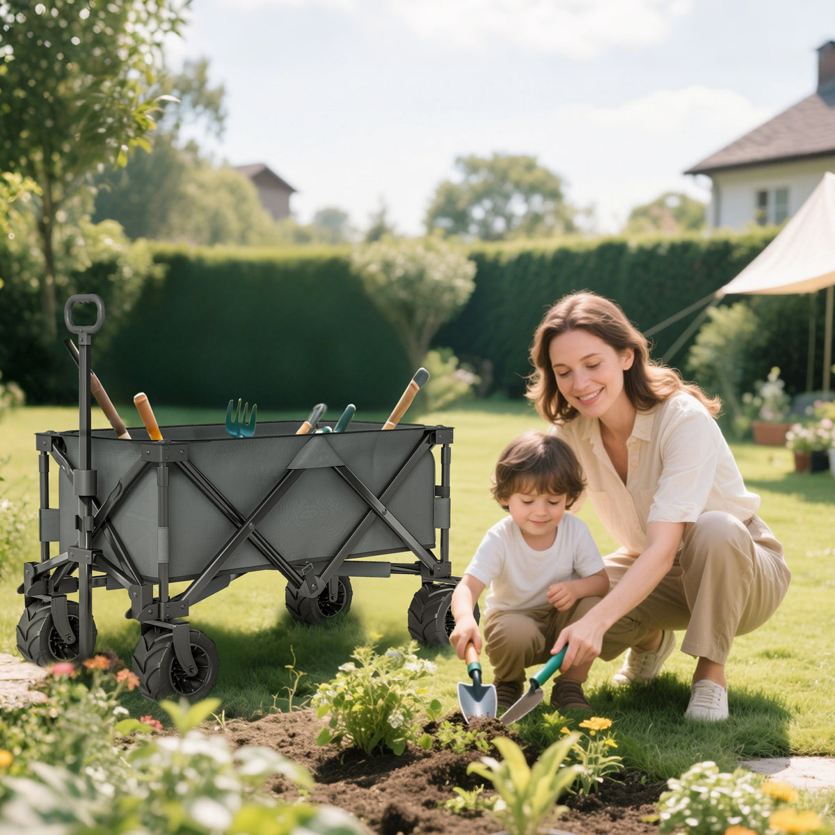 Outdoor Pull Along Cart Folding Cargo Wagon Trailer Trolley for Beach Garden with Handle, Anti-Slip Wheel - Dark Grey