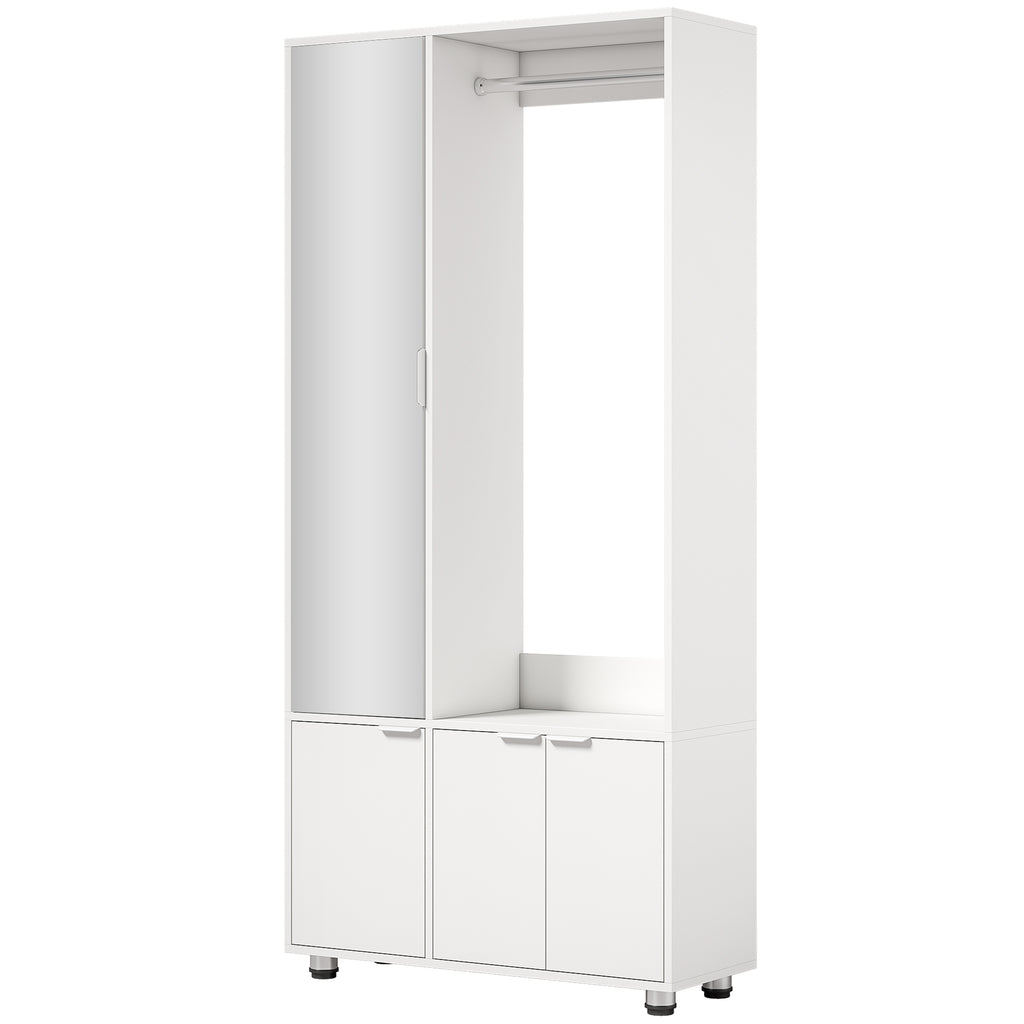 Kleiderschrank mit Spiegel, schmaler moderner Garderobenschrank mit Kleiderstange und Ablagefächern, Weiß