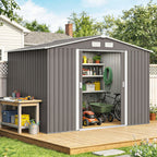 9 x 6FT Outdoor Garden Roofed Metal Storage Shed Tool Box with Foundation Ventilation & Doors Light, Grey
