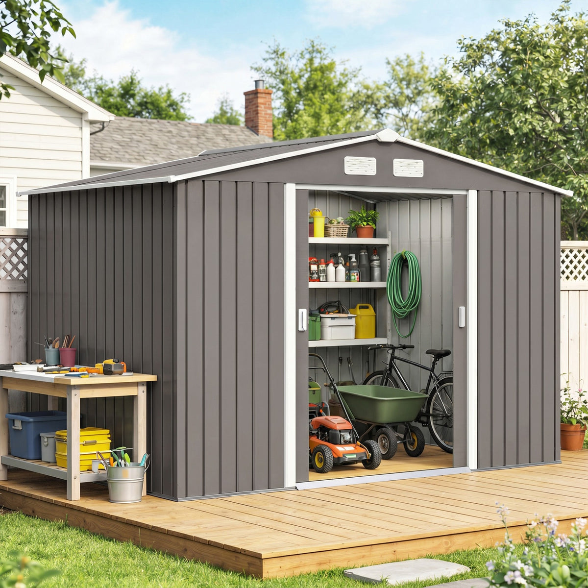 9 x 6FT Outdoor Garden Roofed Metal Storage Shed Tool Box with Foundation Ventilation & Doors Light, Grey
