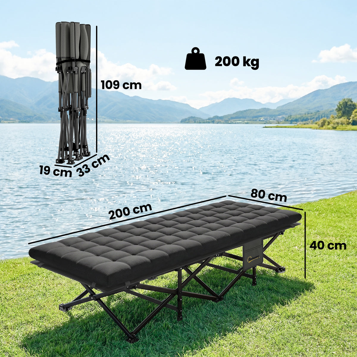 Feldbett faltbar Campingbett mit Tragetasche Campingliege bis 200 kg Indoor, Outdoor, 200 x 80 x 40 cm Schwarz