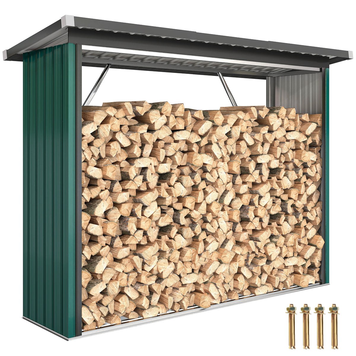 Brennholzschuppen, Feuerholzunterstand, Stahl, erhöhter Boden, Schrägdach, 213 x 66,5 x 150 cm, Grün