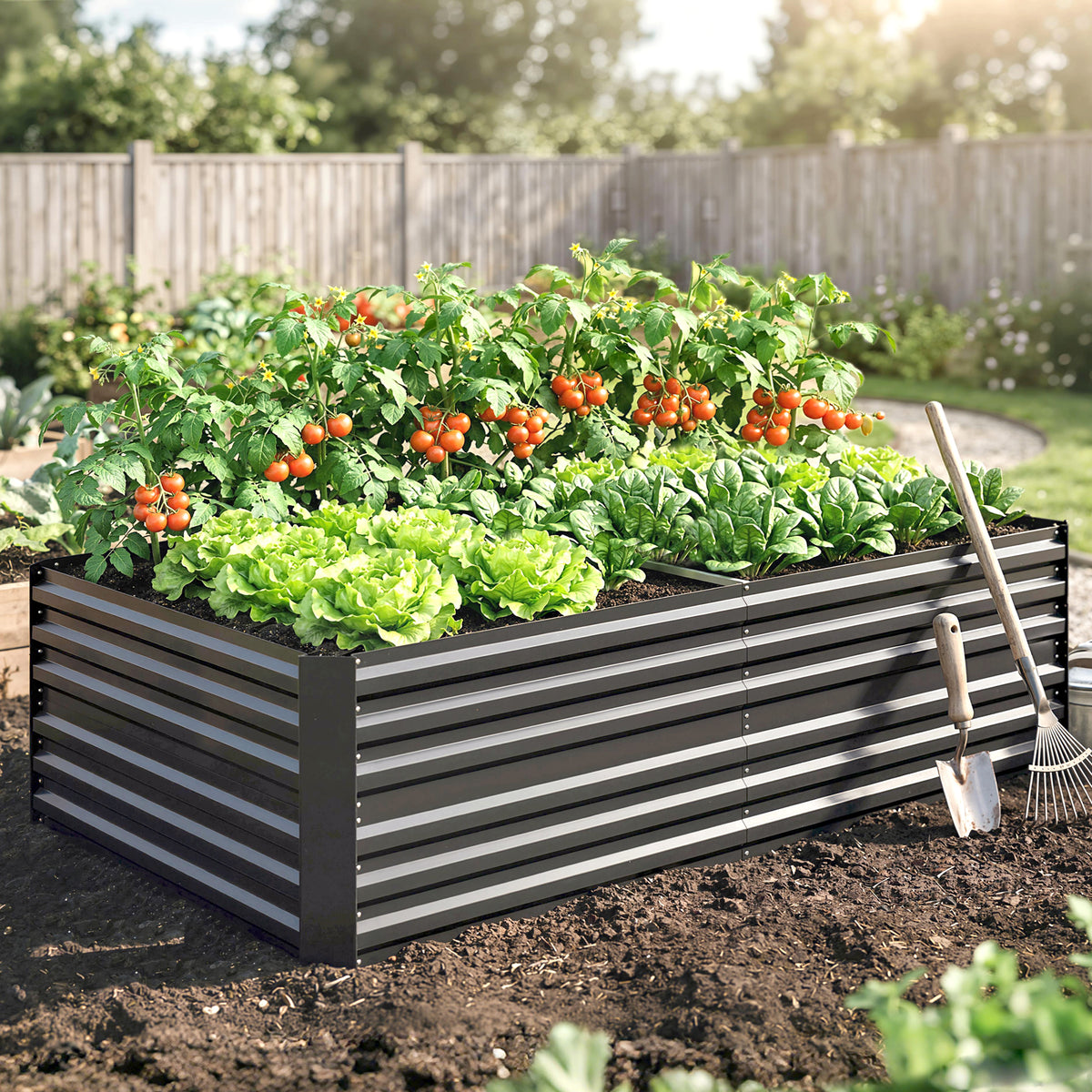 Raised Beds for Garden, Galvanised Steel Outdoor Planters with Multi-reinforced Rods, 180 x 90 x 59 cm, Dark Grey