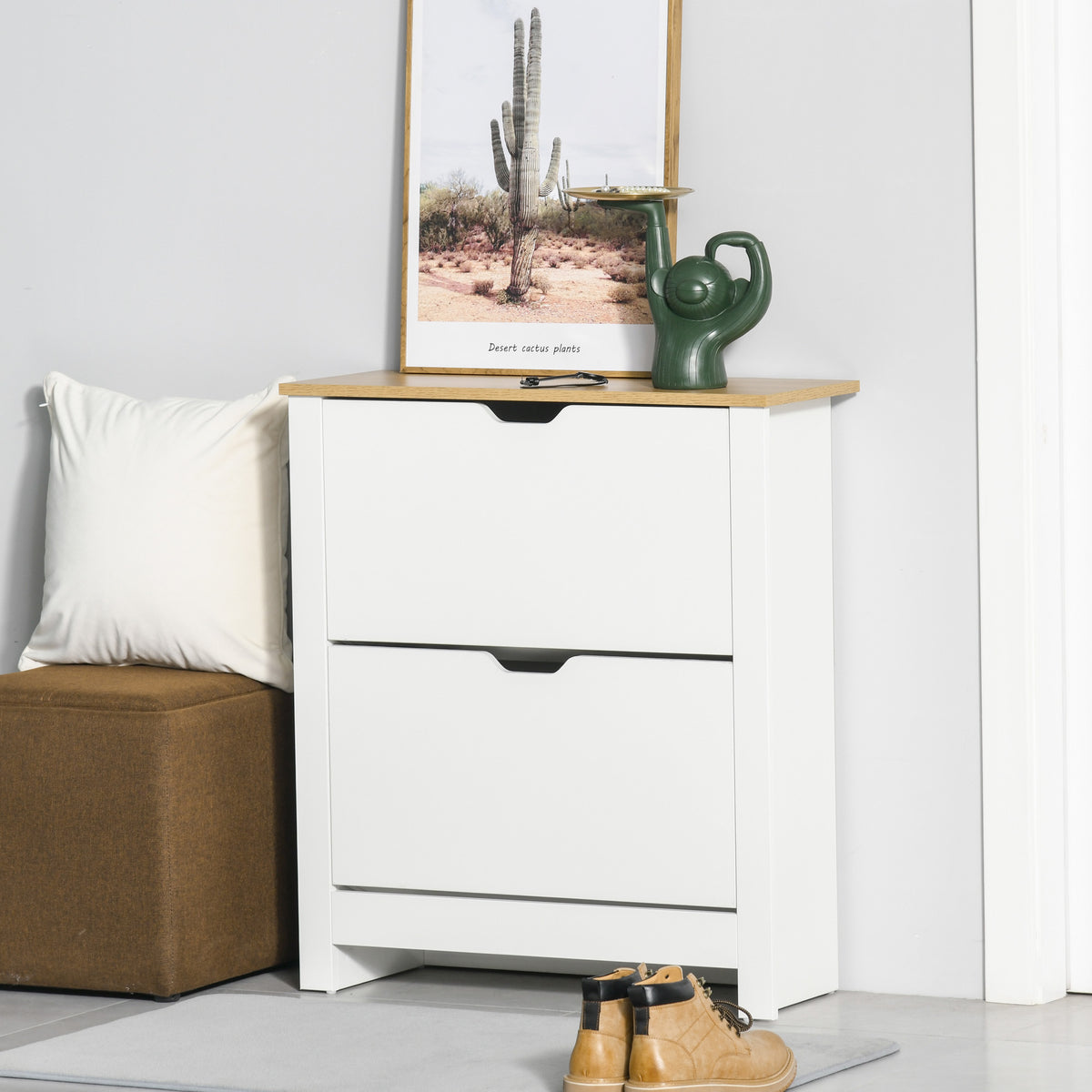 Schuhschrank Schruhregal Schuhaufbewahrung, 2 F?cher, 12 Paar Schuhe, 72 cm x 26 cm x 80 cm, Wei? + Braun