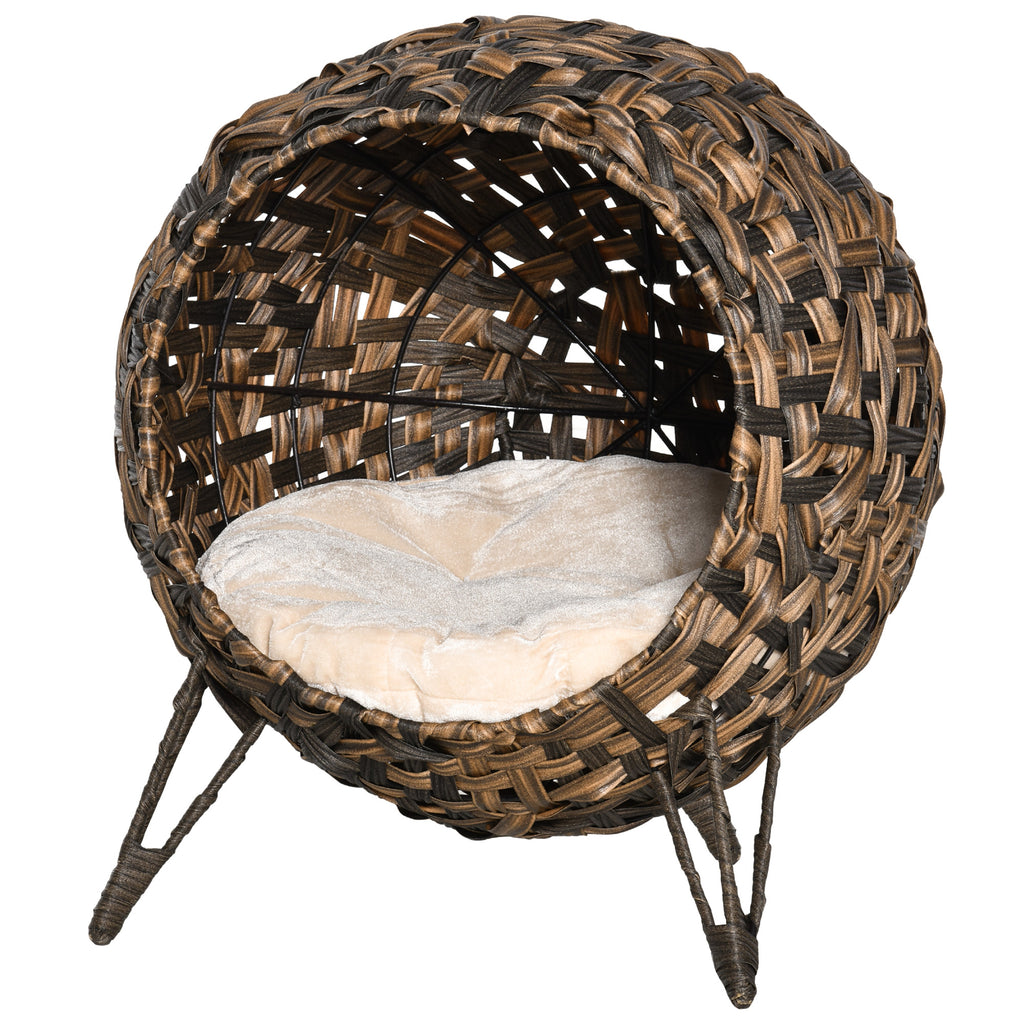 Katzenhaus aus Rattan mit Kissen Katzenschlafplatz Katzenhöhle mit erhöhten Füßen Braun Ø52 x 58 cm