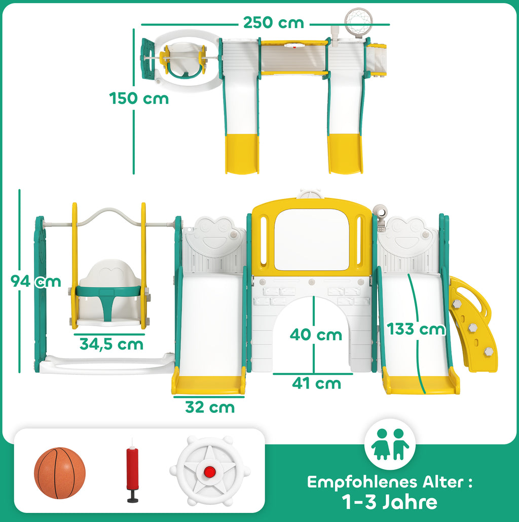 9-in-1 Rutschen- und Schaukelset f¨¹r Kleinkinder, mit Basketballkorb, Teleskop, Zeichenbrett, Frosch-Design, Gelb+Gr¨¹n