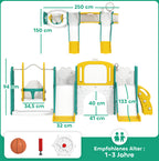 9-in-1 Rutschen- und Schaukelset f¨¹r Kleinkinder, mit Basketballkorb, Teleskop, Zeichenbrett, Frosch-Design, Gelb+Gr¨¹n