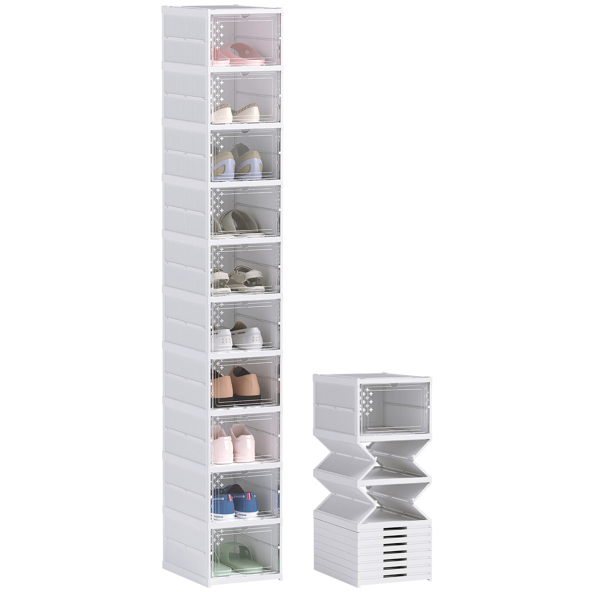 10-stufiges Schuhregal, Schuhschrank, faltbar, belüftete Rückseite, Kunststoff, Weiß