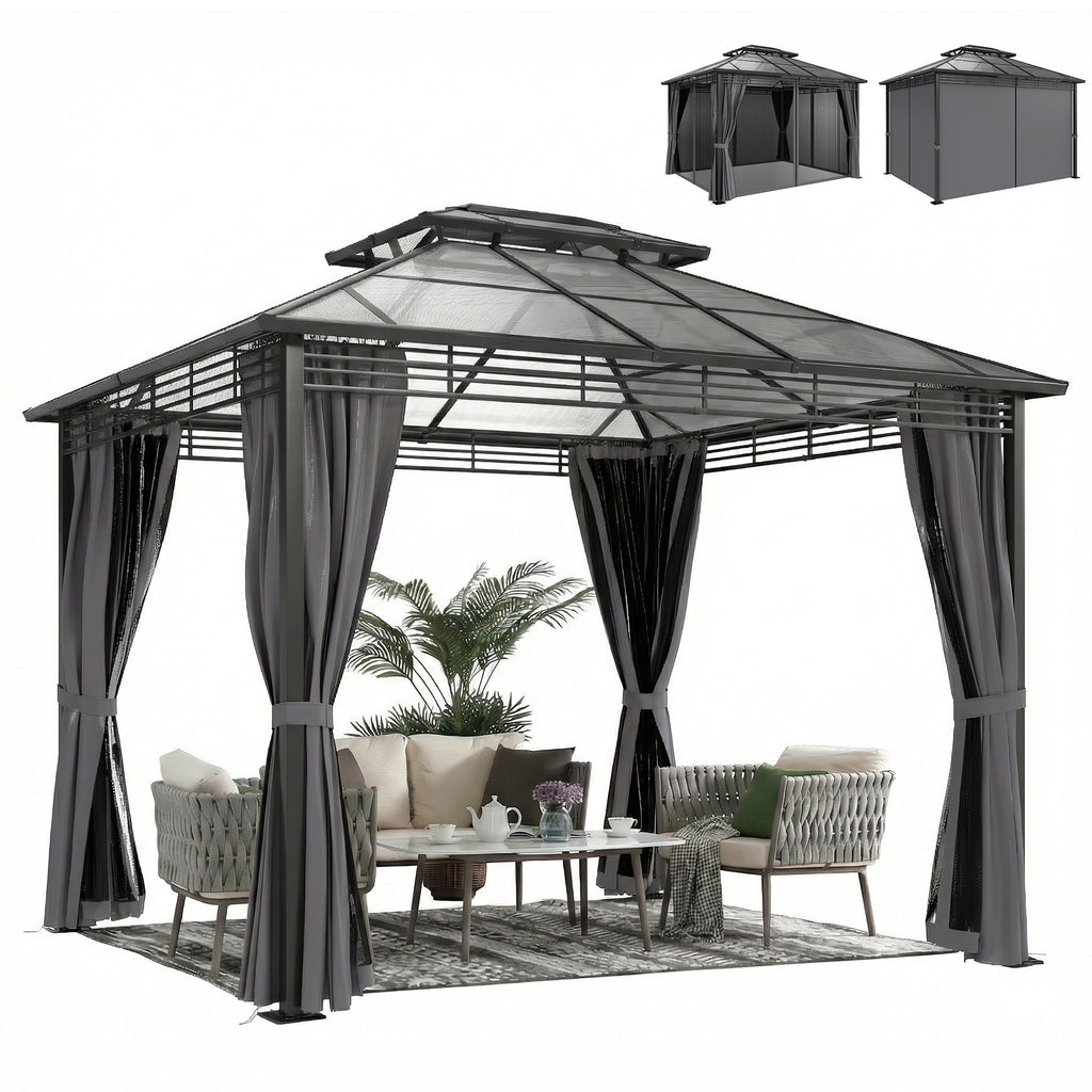 3 x 3.6 m Outdoor Hardtop Gazebo Canopy with 2-Tier Roof, Permanent Pavilion Garden Metal Gazebo with Sides, Dark Grey
