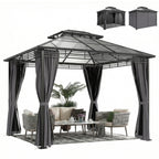 3 x 3.6 m Outdoor Hardtop Gazebo Canopy with 2-Tier Roof, Permanent Pavilion Garden Metal Gazebo with Sides, Dark Grey