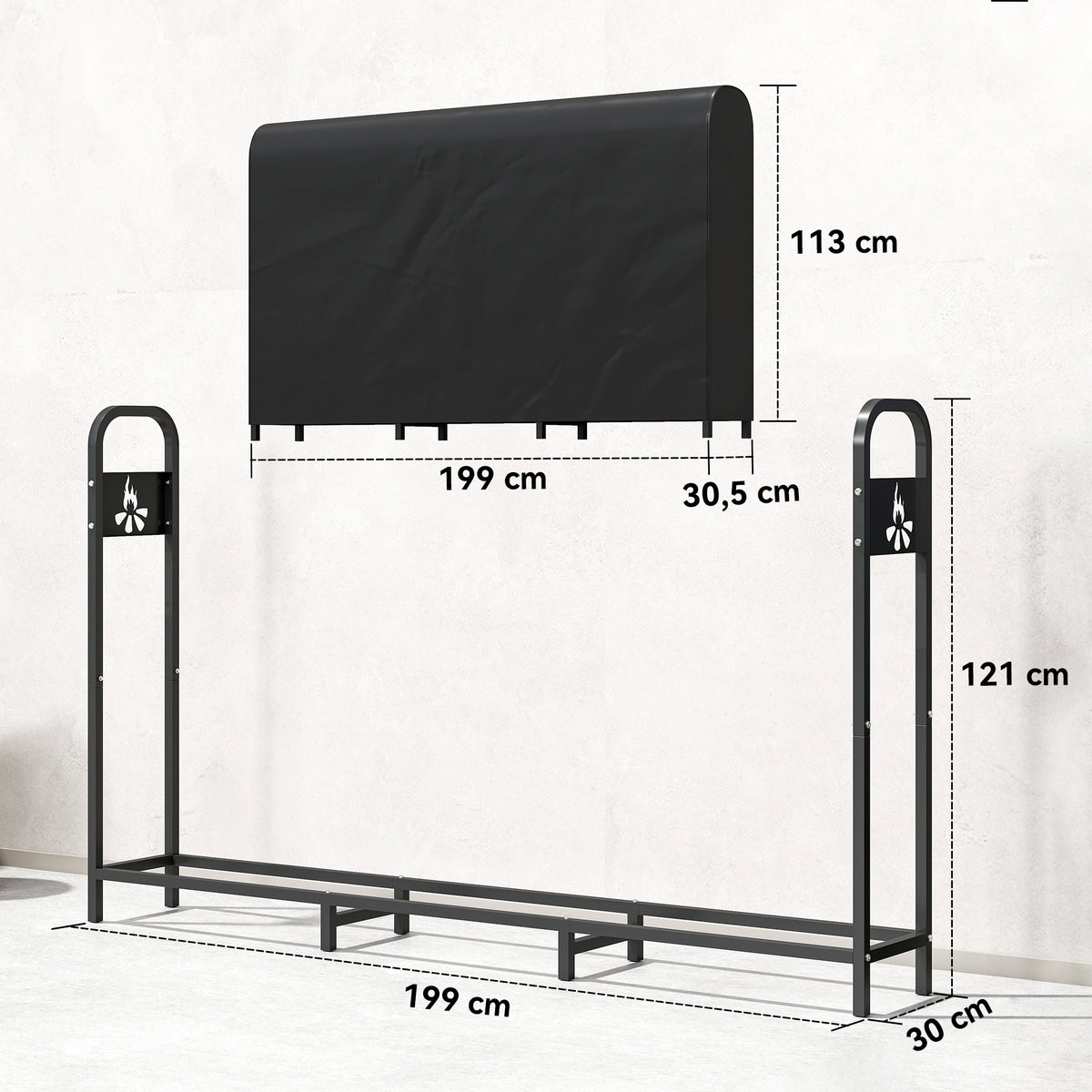 Kaminholzregal Metall 199 x 30 x 121 cm Brennholzregal 0,6m³ mit wasserdichter Abdeckung bis 300kg