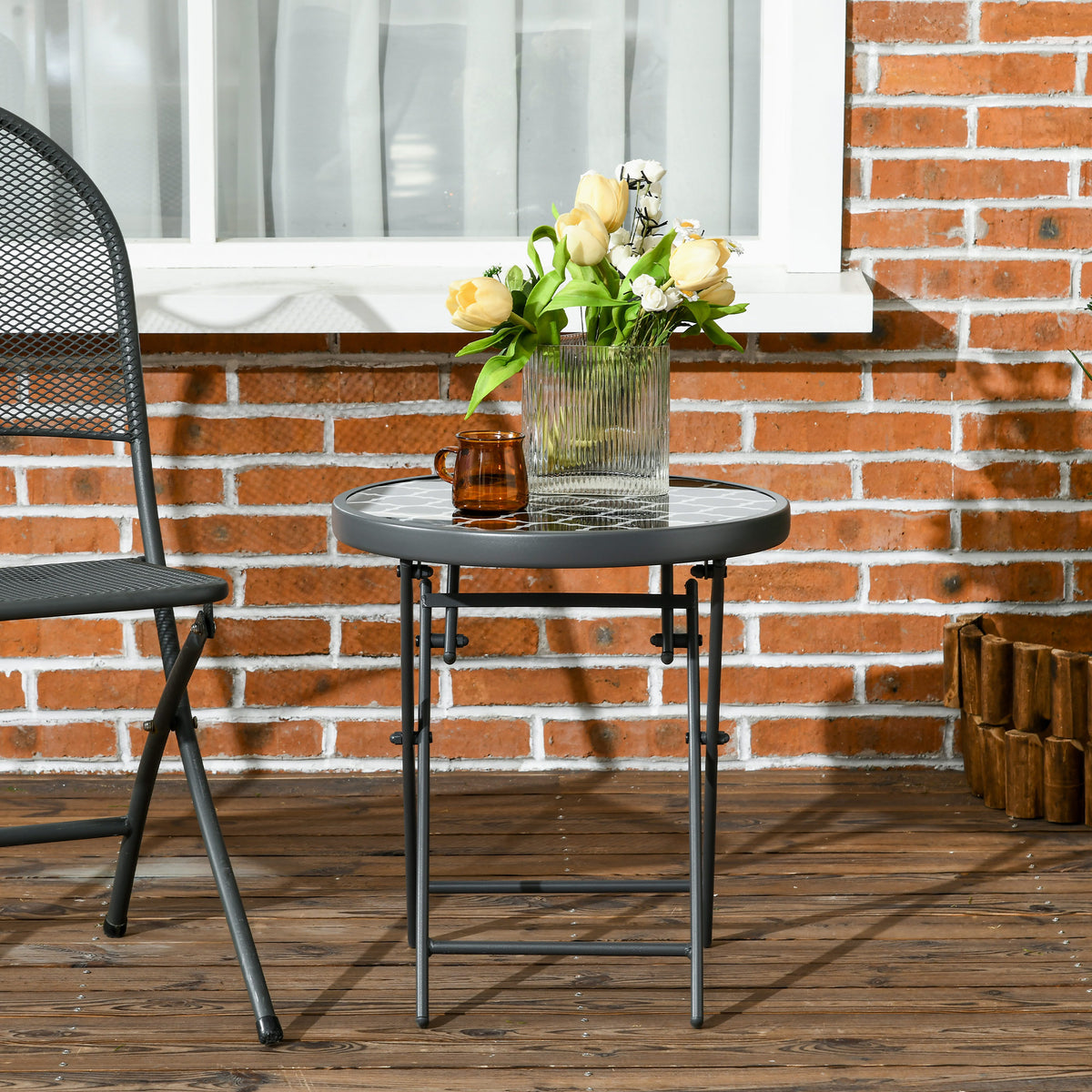 Φ45cm Garden Side Table, Outdoor Round Folding Patio Table with Imitation Marble Glass Top, Small Coffee Table, Black and White
