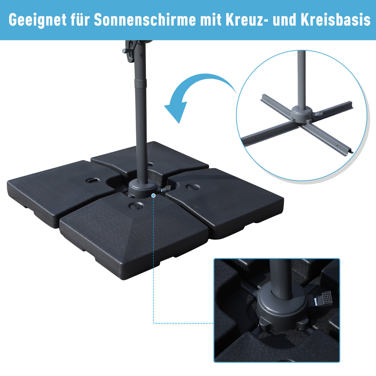  4 x Sonnenschirmgewicht Sonnenschirmständer befüllbar mit Sand Wasser HDPE-Kunststoff Schwarz Maße pro Element 51 x 51 x 12 cm bis zu 130 kg