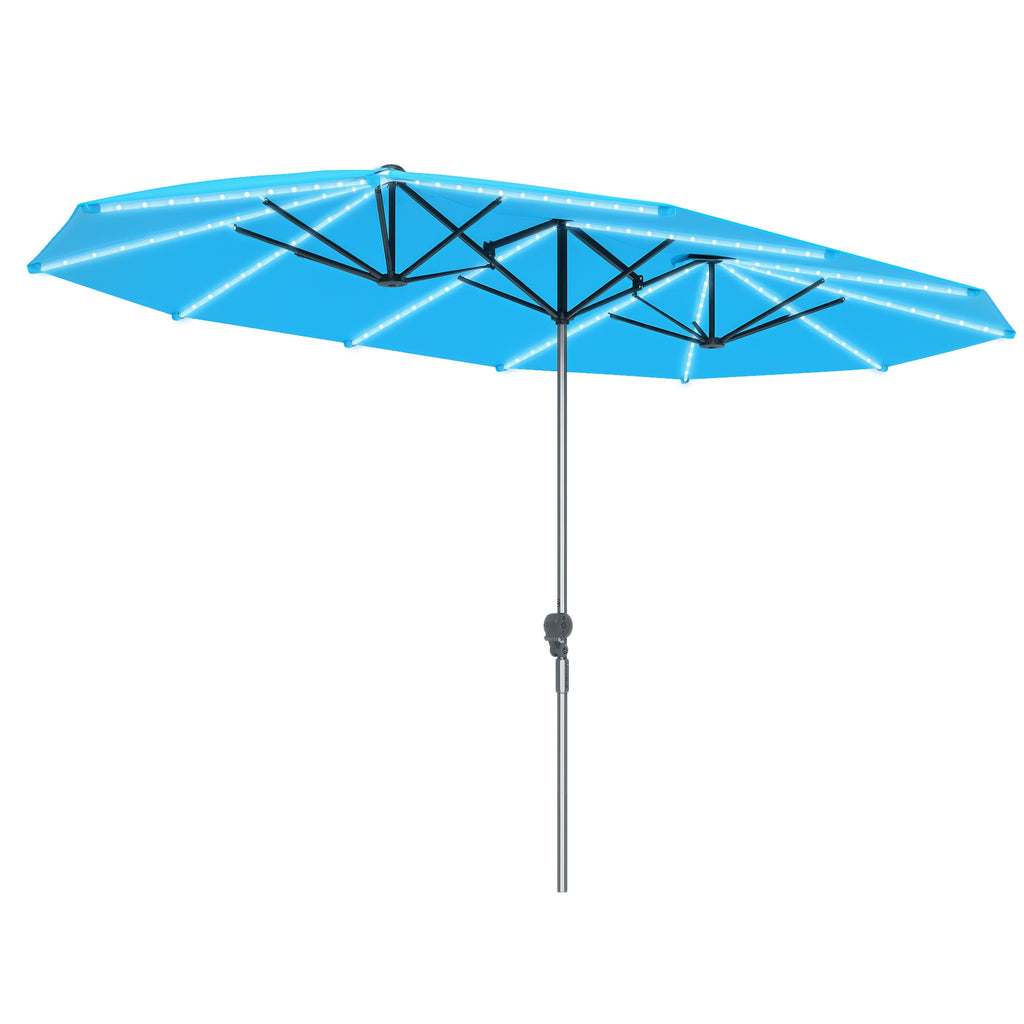 Doppelschirm mit Solar-Lichtern, Aluminium, Polyester, UPF50+ Schutz, UV-best?ndig, Terrassenschirm, Blau