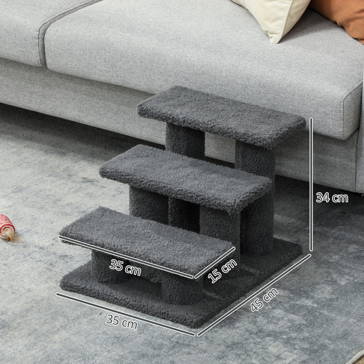 Katzentreppe 3 Stufen Tiertreppe Treppe für Katze Haustiertreppe 45 x 35 x 34 cm Grau