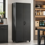 Metal Storage Cabinet, 180 cm Tall Lockable Steel Tool Cabinet with Removable Wheels and Adjustable Shelves, Black