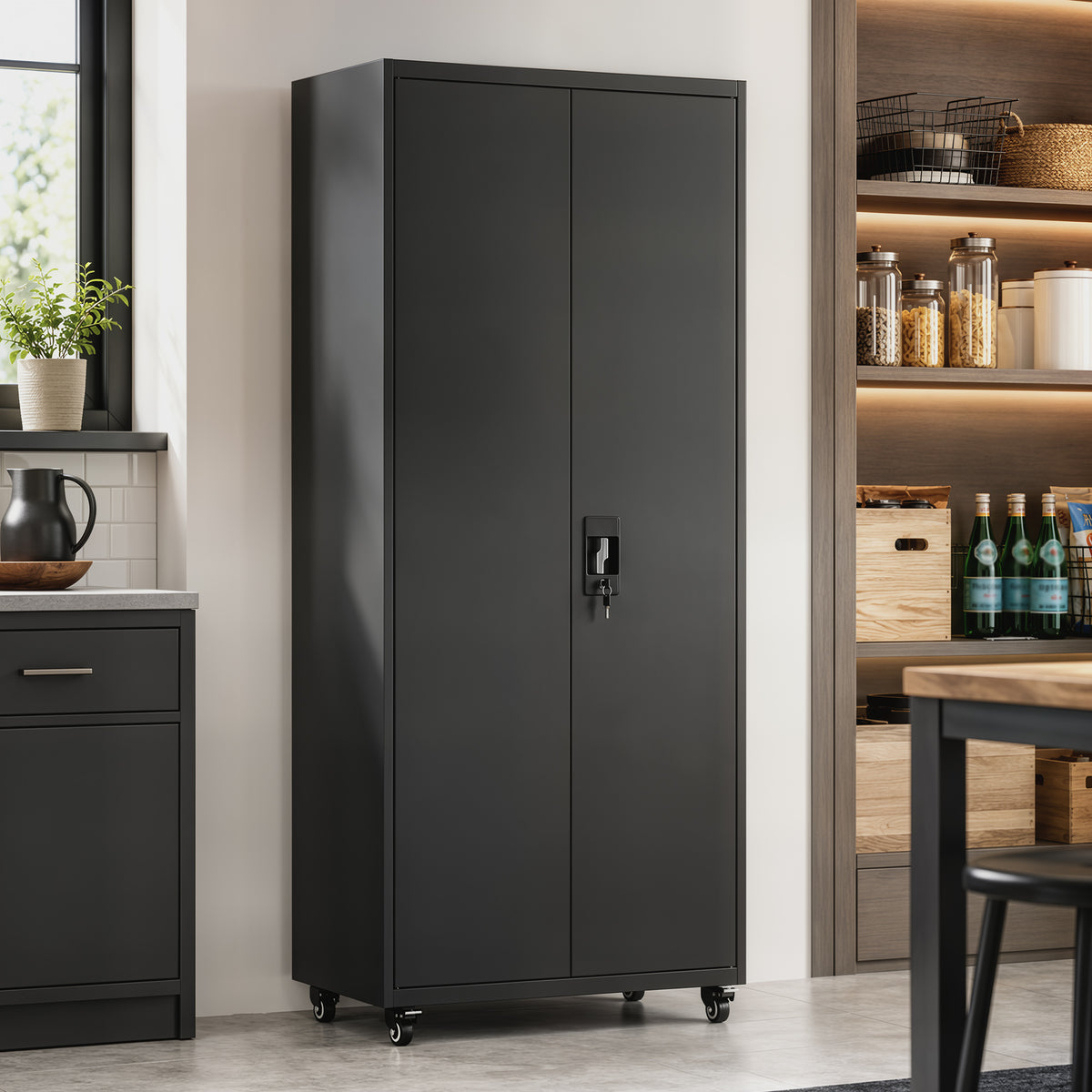 Metal Storage Cabinet, 180 cm Tall Lockable Steel Tool Cabinet with Removable Wheels and Adjustable Shelves, Black