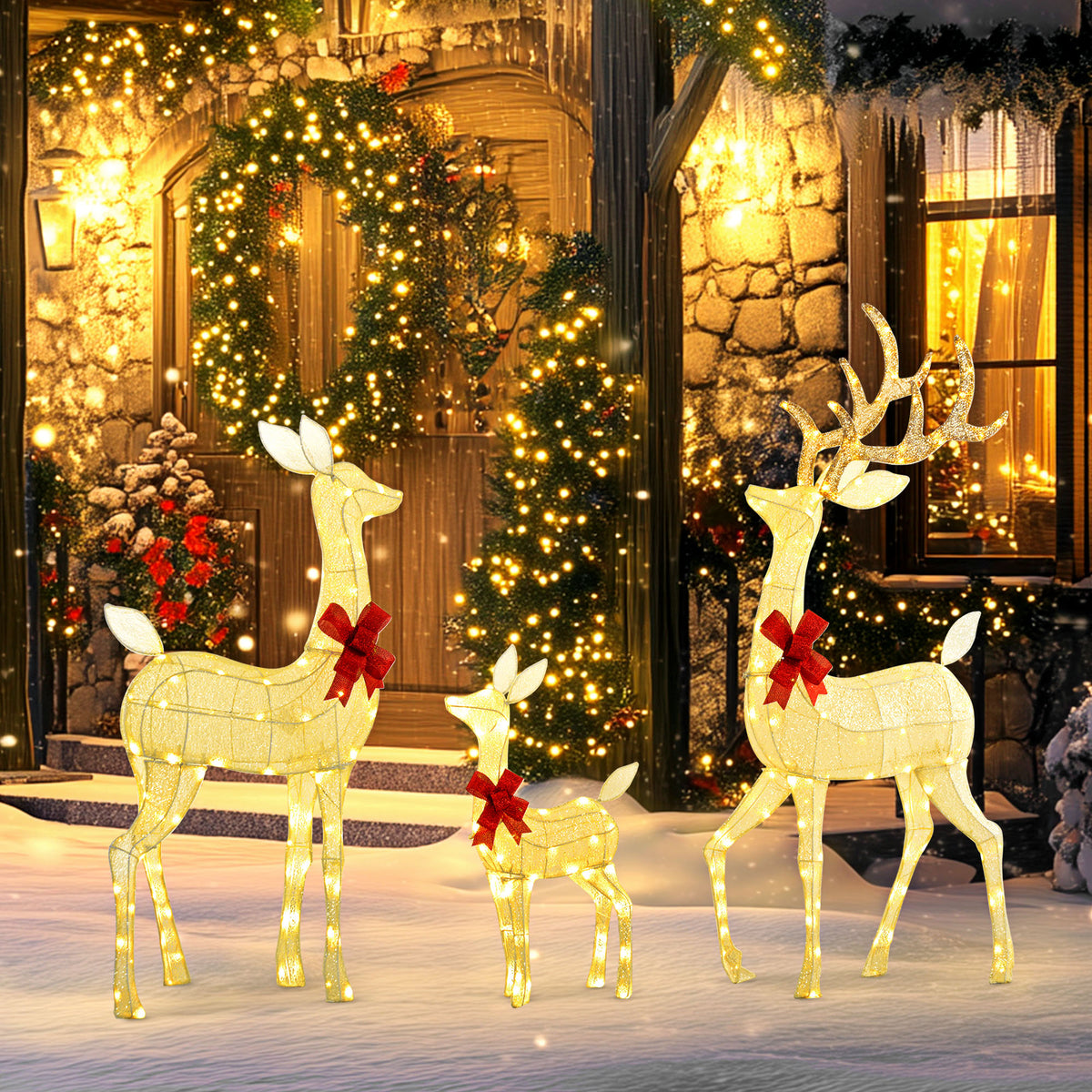 Rentierfamilie mit roten Schleifen, 283 LEDs, Weihnachtsbeleuchtung, wetterfest, Silber