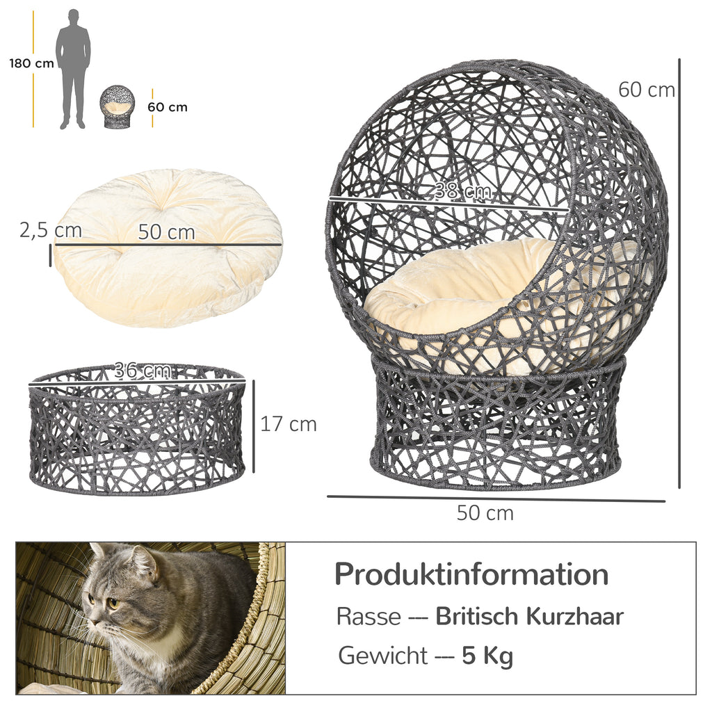 Katzenkorb, Katzenhöhle inkl. Kissen, 2-teilig, 50 cm x 50 cm x 60 cm, Cremeweiß + Braun