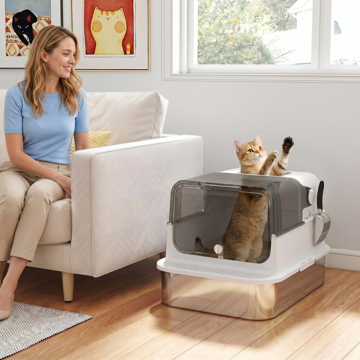 Katzenklo Edelstahl mit Deckel XXL 72L für große Katzen und Mehrere Katzen mit Doppeltüren Schaufel Pedal Anti-Leck