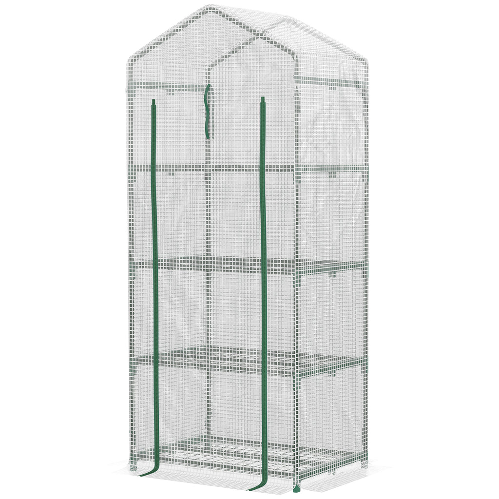 4 Tier Mini Portable Greenhouse Compact Plant Grow Shed Metal Frame PE Cover with Lockable Rolling Wheels, White