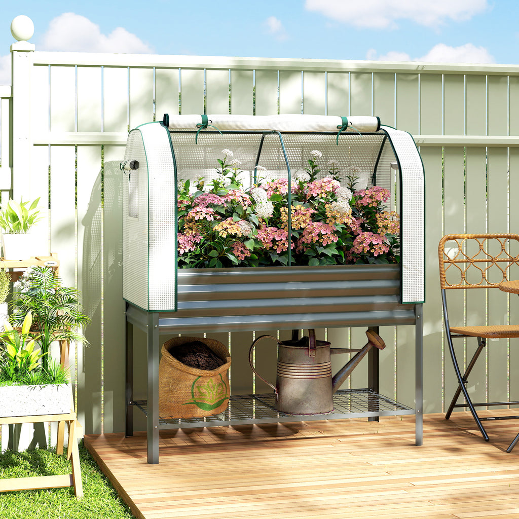 Galvanised Raised Planter with Greenhouse Cover, Metal Raised Garden Bed on Legs with Bed Liner and Bottom Shelf