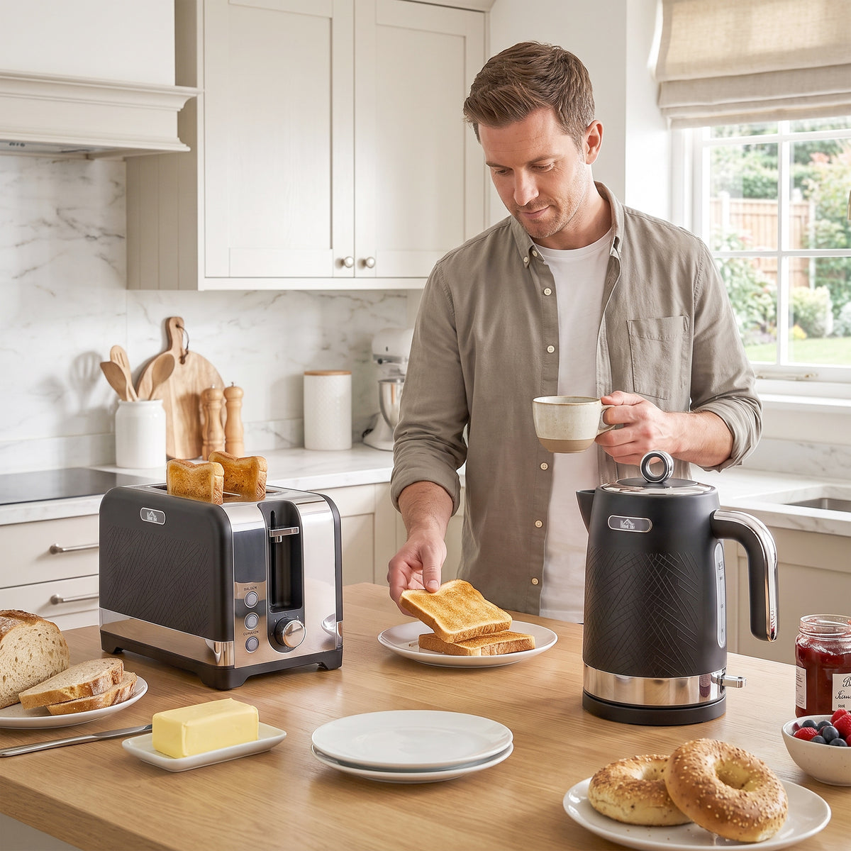 Wasserkocher- und Toaster-Set, 1,7 l 2200 W Schnellkoch-Wasserkocher mit Thermostat, 2-Scheiben-Toaster, Grau