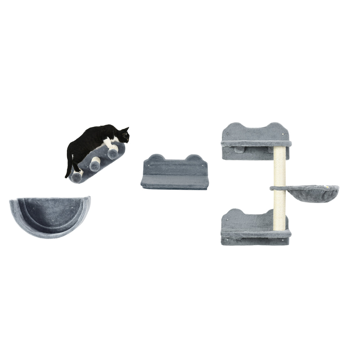 4PCs Wall-Mounted Cat Shelves w/ Scratching Post, Hammock, Nest - Grey