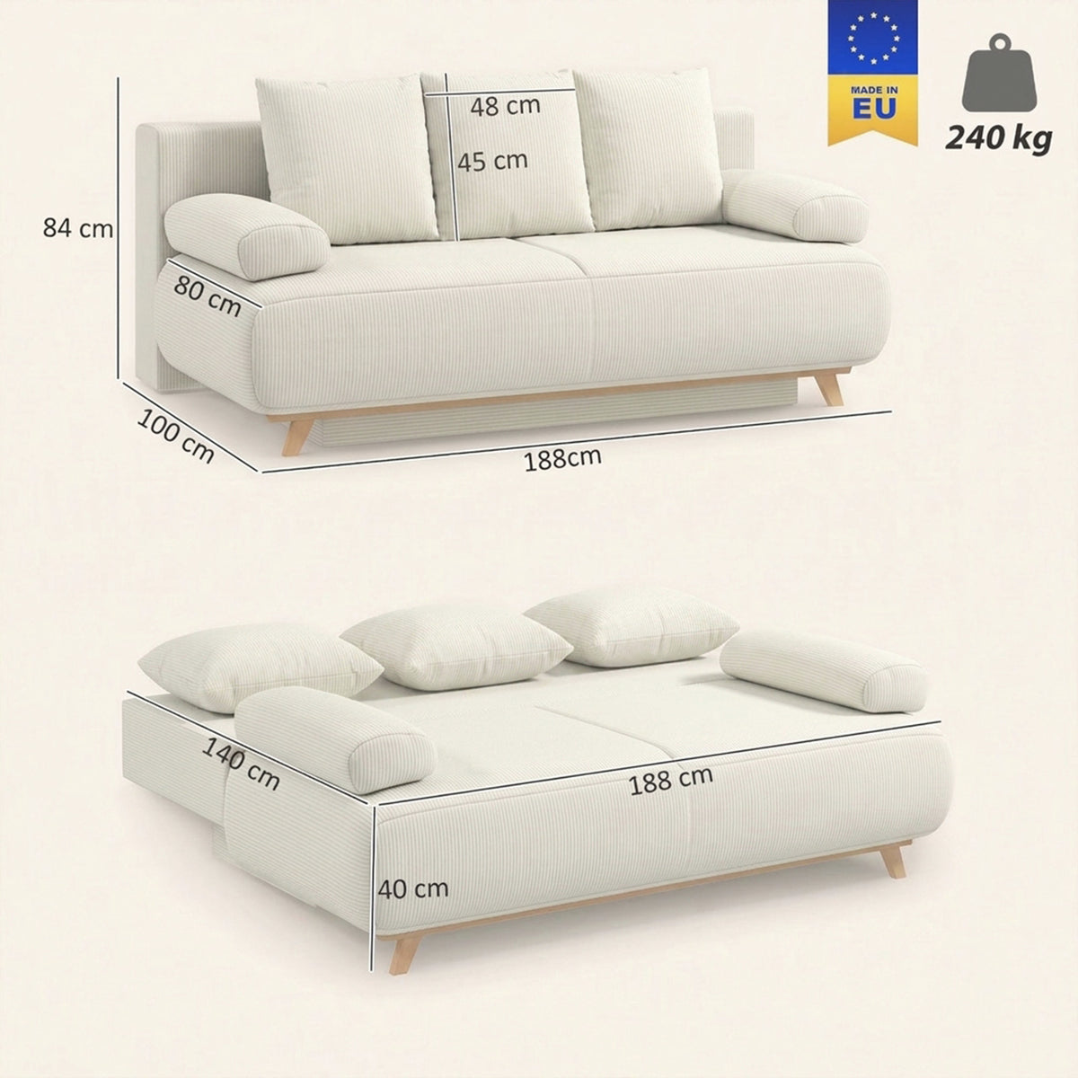 Schlafsofa mit verstellbarer Rückenlehne, Bettfunktion, verstecktem Stauraum und Cordbezug, Beige