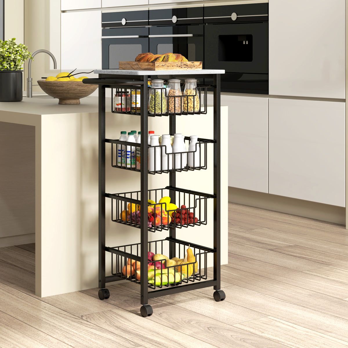 Four Basket Mobile Kitchen Island, with Brakes - Grey/Black