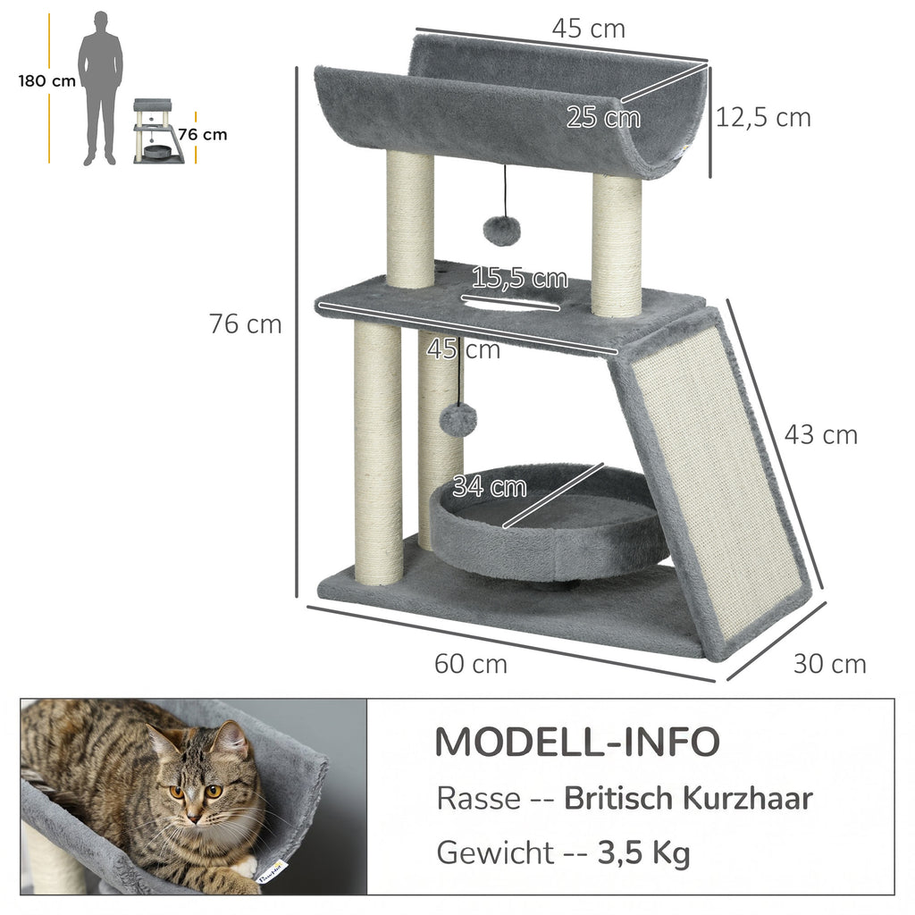 Cat Tree Tower, with Scratching Posts, Pad, Bed, Perch, Toy Ball - Light Grey