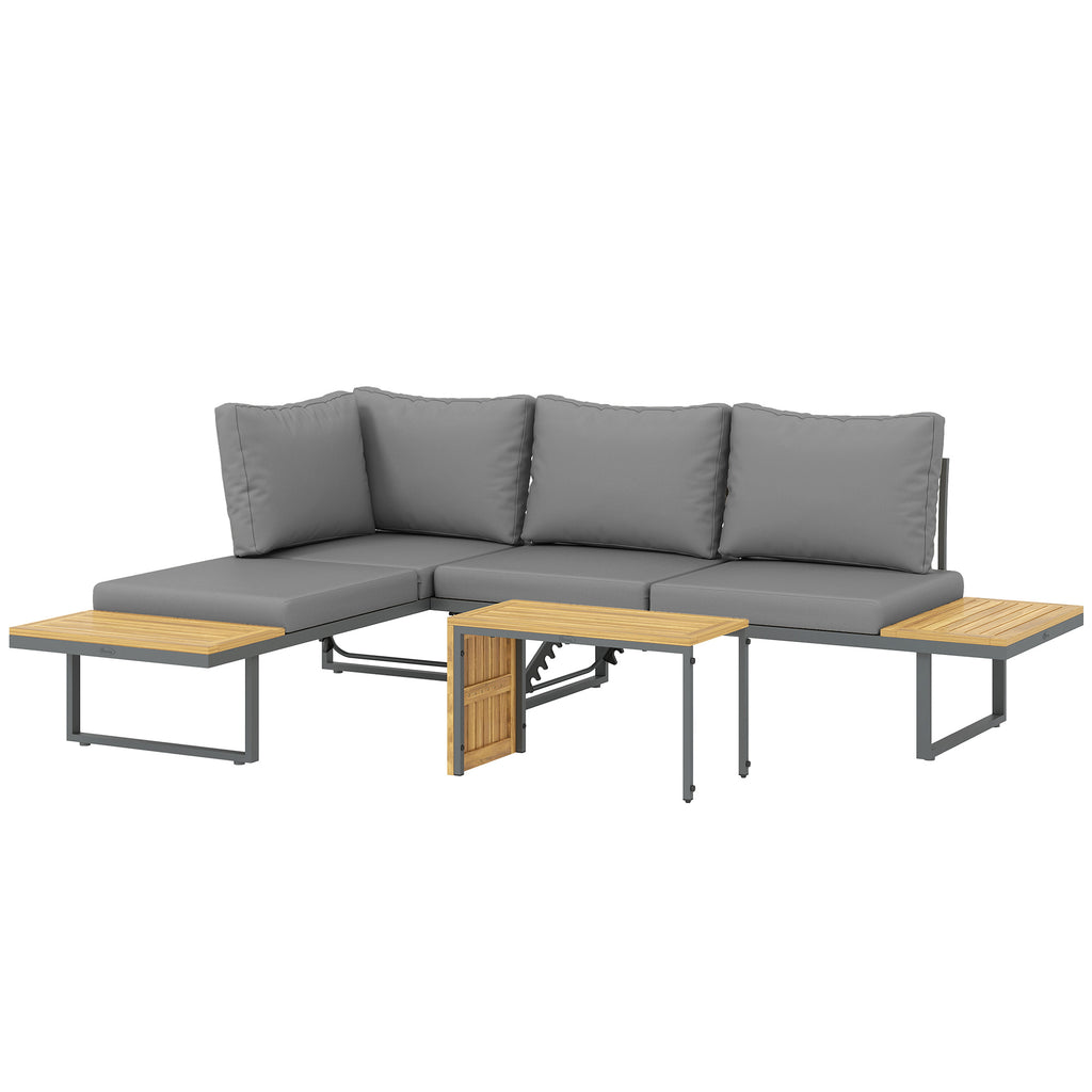 Außenmöbel-Set, auf 6 Sitze erweiterbar, L-förmige Outdoor-Sitzecke mit Tischen, Stahlrahmen, verstellbare Lehnen, Grau