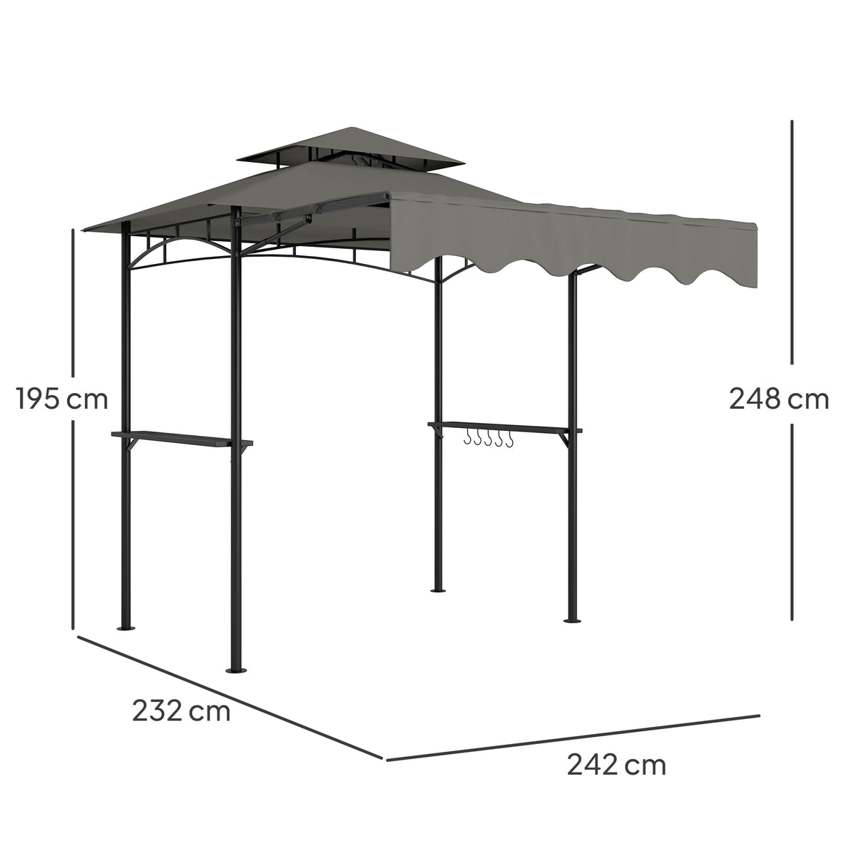 Grillpavillon 242x232x248 cm wasserabweisend flammhemmend Gartenpavillon mit Doppelschichtdach Grau
