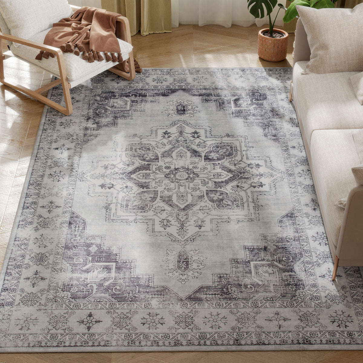 Vintage Area Rug, Non-Slip Washable Rug, Flannel Floor Carpet for Living Room, Bedroom, Dining Room, Home Office, 230 x 160 cm, Grey
