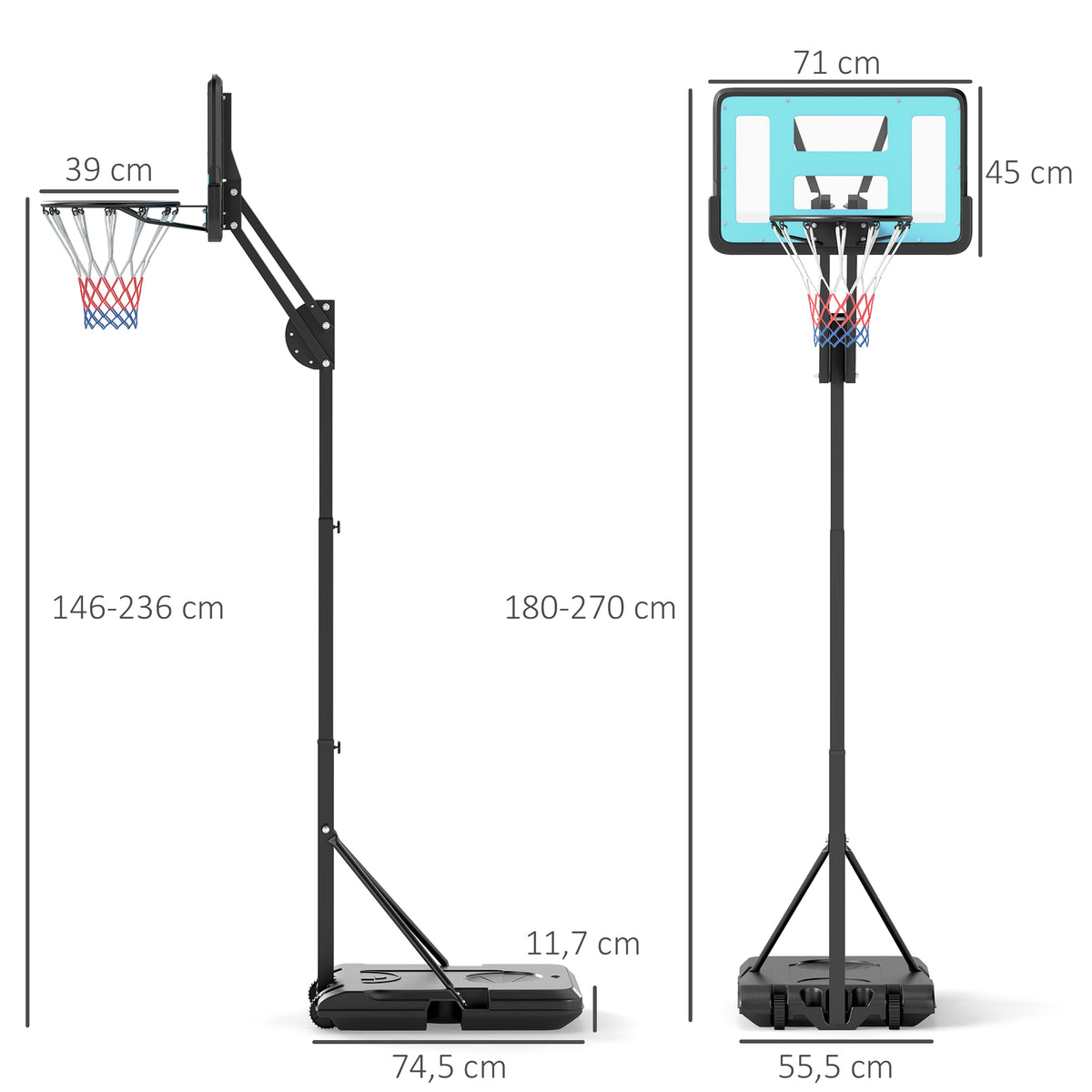 Fully Adjustable Basketball Hoop Outdoor, 146-236cm Basketball Hoop and Stand with Weighted Base and Shatterproof Backboard, Portable on Wheels for Junior, Adults