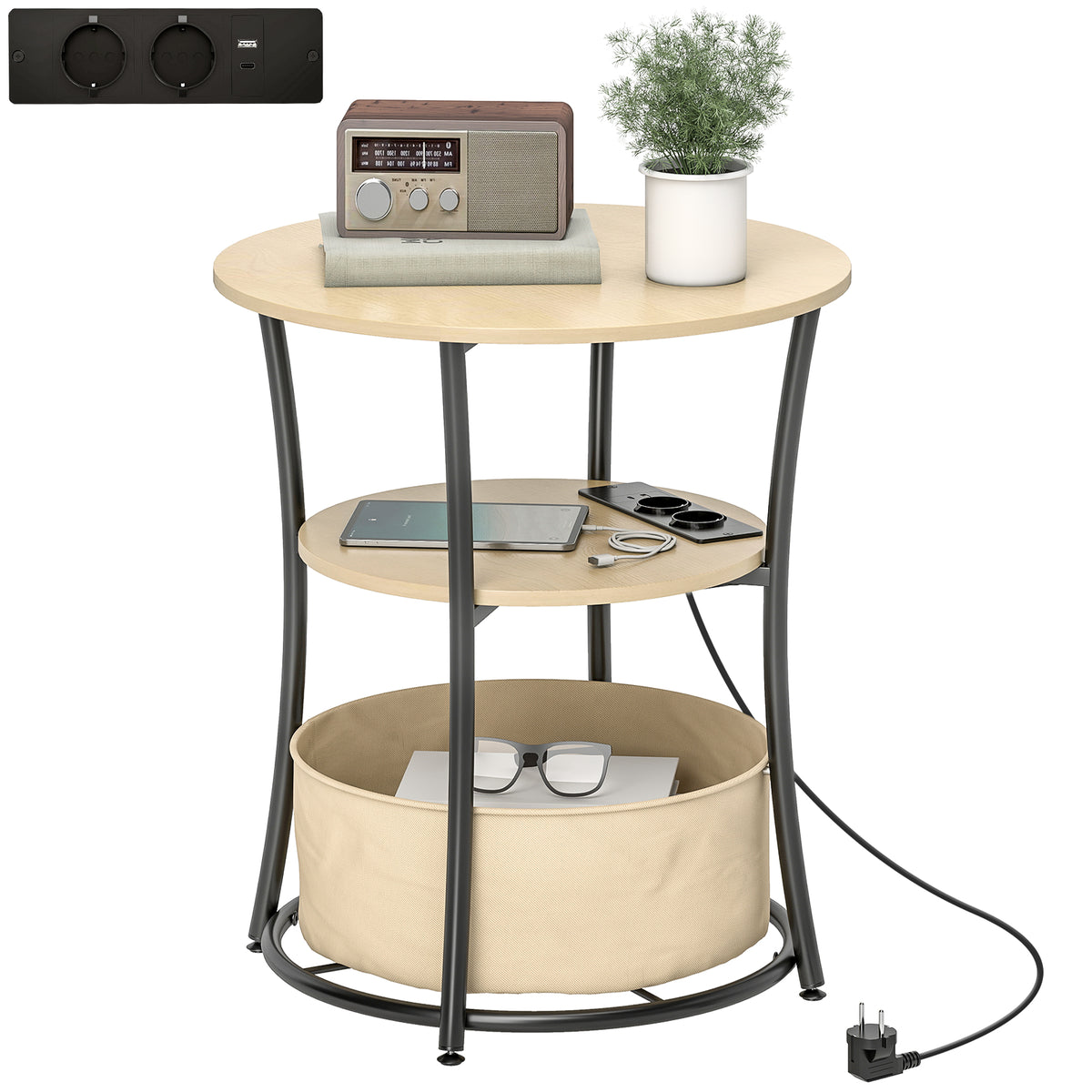 Beistelltisch 3-stufiger Couchtisch mit Ladestation, Stoff-Aufbewahrungstasche, Ablage, 50x50x55,1 cm Naturholz