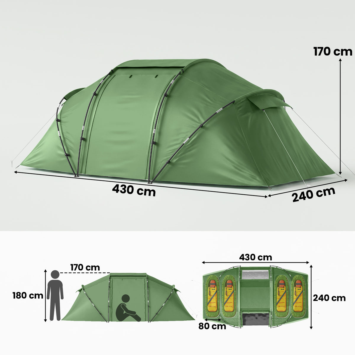 Tunnelzelt für 4 Personen, Campingzelt mit Tür, Bodenplane, 2000mm wasserdicht Grün