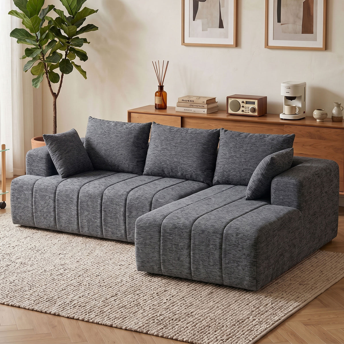3-Sitzer Ecksofa in L-Form mit Ottomane, wandelbares Chenille-Cloud-Schlafsofa mit Federkernpolsterung, Grau
