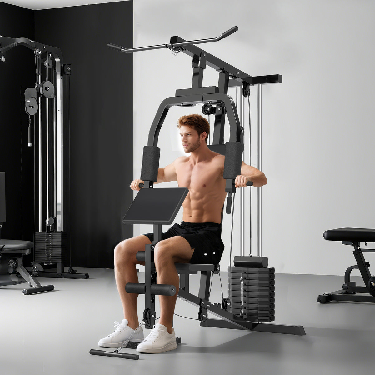 Kraftstation für Zuhause Fitnessstation mit Latzuggerät, Kabelzug, kurzer Bizepsstange, Brustpresse, Beintrainer, Butterfly-Maschine 45kg Gewichten Multifunktion Fitnessstation Schwarz
